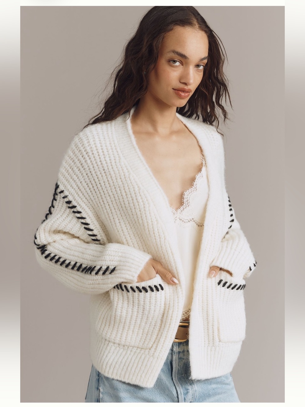 NWT Flat White Stitched Cardigan Sweater, size O/S